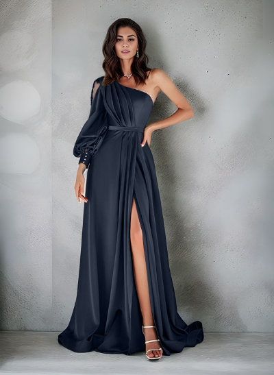 Elegant One-Shoulder Long Sleeves Floor-Length Charmeuse Evening Dresses