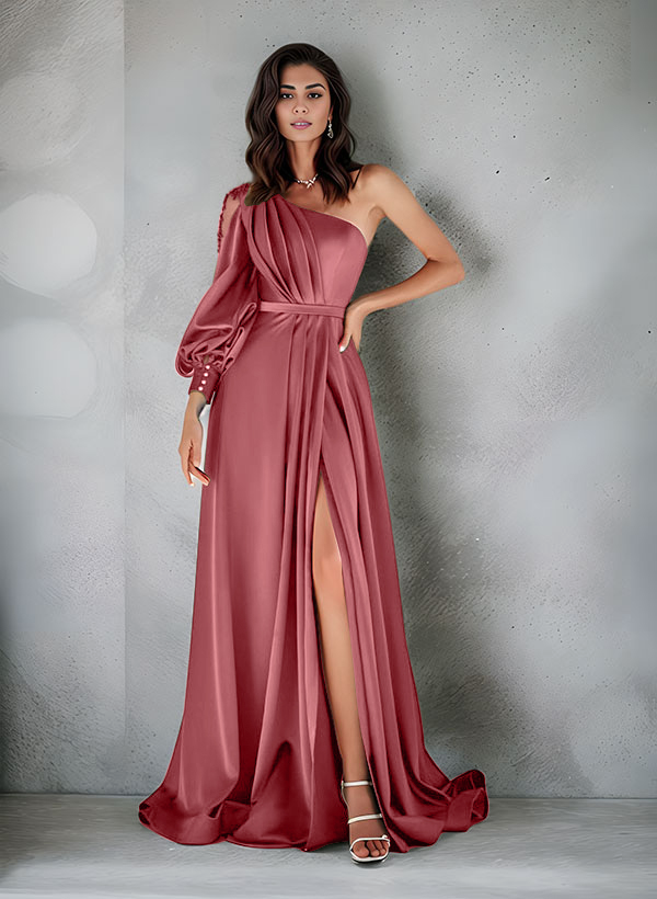 Elegant One-Shoulder Long Sleeves Floor-Length Charmeuse Evening Dresses