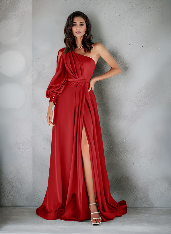 Elegant One-Shoulder Long Sleeves Floor-Length Charmeuse Evening Dresses