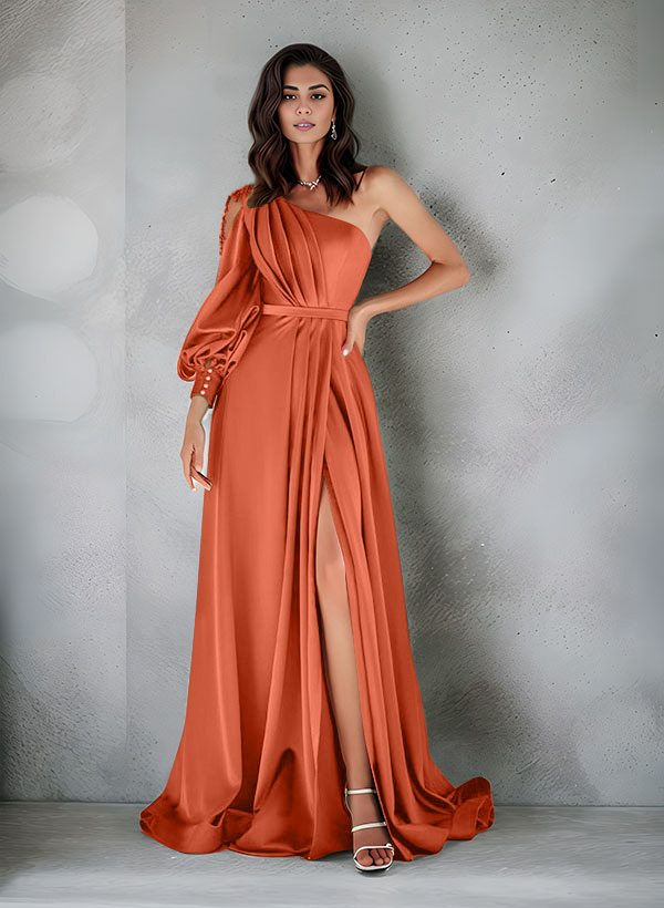 Elegant One-Shoulder Long Sleeves Floor-Length Charmeuse Evening Dresses