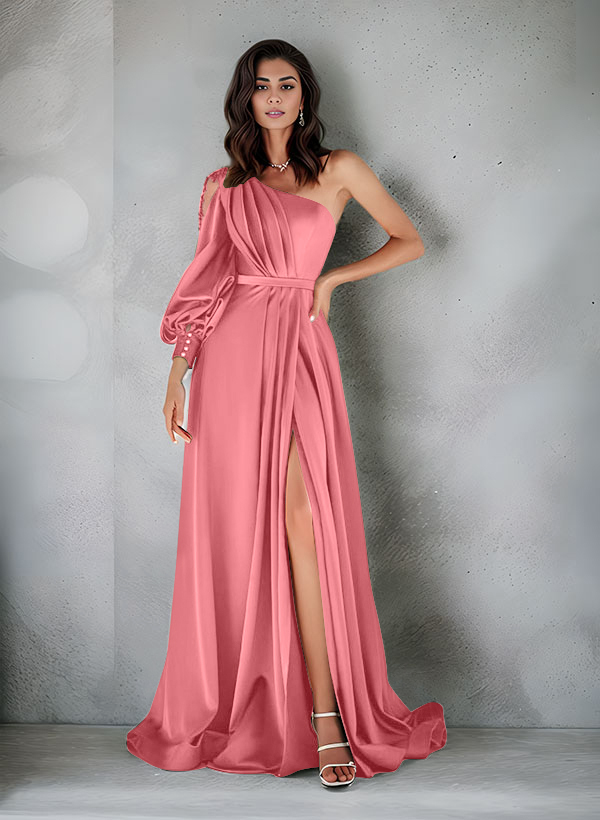 Elegant One-Shoulder Long Sleeves Floor-Length Charmeuse Evening Dresses