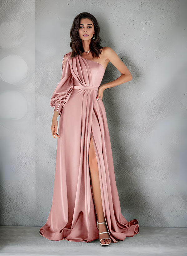 Elegant One-Shoulder Long Sleeves Floor-Length Charmeuse Evening Dresses