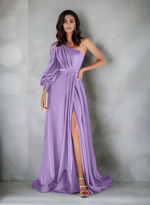 Elegant One-Shoulder Long Sleeves Floor-Length Charmeuse Evening Dresses