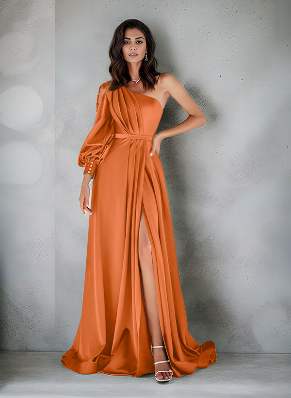 Elegant One-Shoulder Long Sleeves Floor-Length Charmeuse Evening Dresses