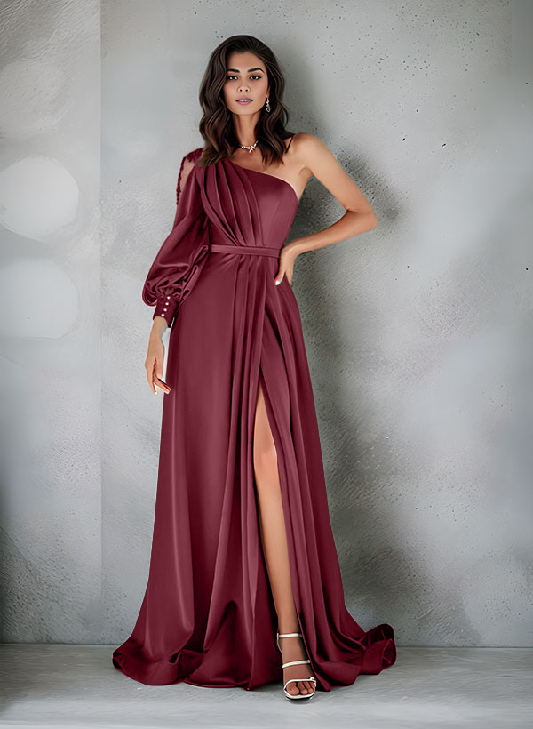 Elegant One-Shoulder Long Sleeves Floor-Length Charmeuse Evening Dresses