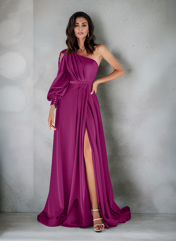 Elegant One-Shoulder Long Sleeves Floor-Length Charmeuse Evening Dresses