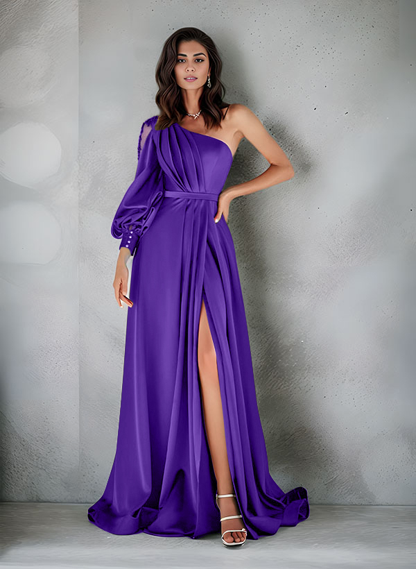 Elegant One-Shoulder Long Sleeves Floor-Length Charmeuse Evening Dresses