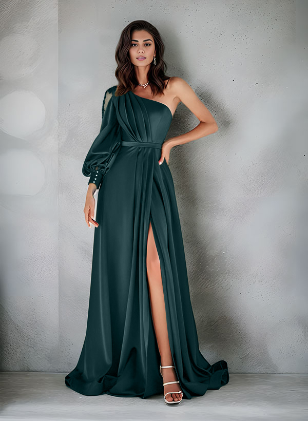Elegant One-Shoulder Long Sleeves Floor-Length Charmeuse Evening Dresses