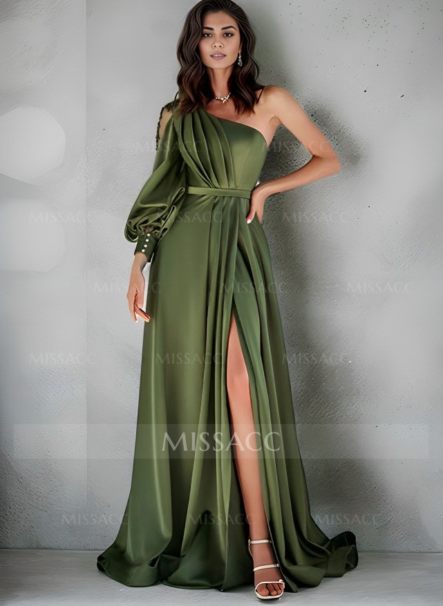 Elegant One-Shoulder Long Sleeves Floor-Length Charmeuse Evening Dresses