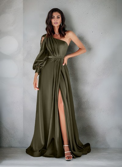 Unique One-Shoulder Long Lantern Sleeves Bridesmaid Dresses With Lace