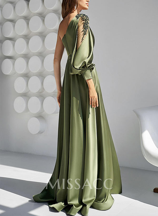 Unique One-Shoulder Long Lantern Sleeves Bridesmaid Dresses With Lace
