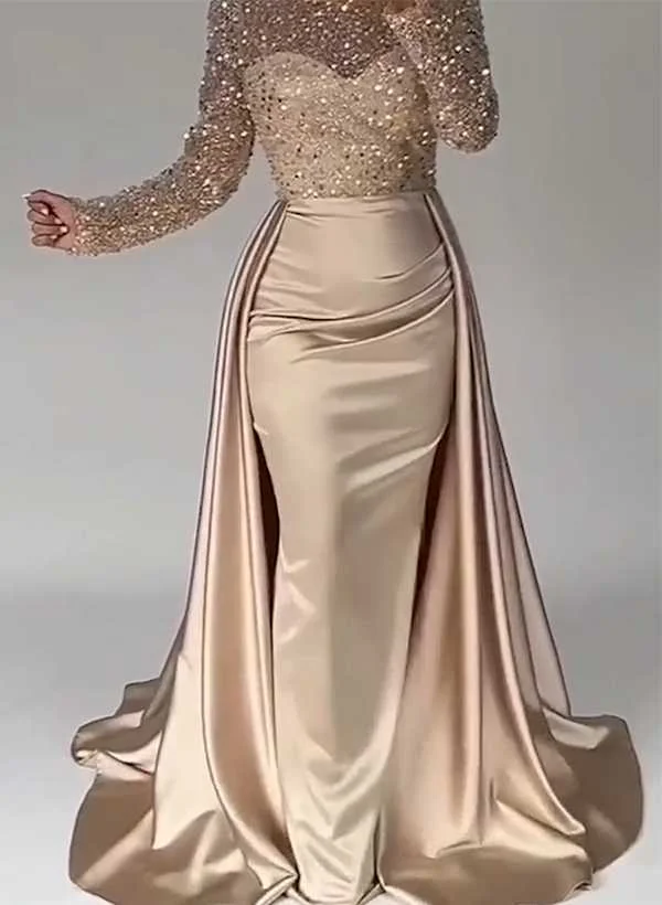 Sparkly Semi Sheer Illusion Sleeves Bedazzled Sweetheart Evening Dresses With Overskirt