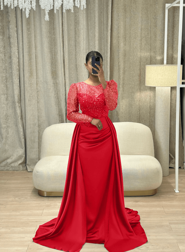 Sparkly Long Sleeves Satin Evening Dresses