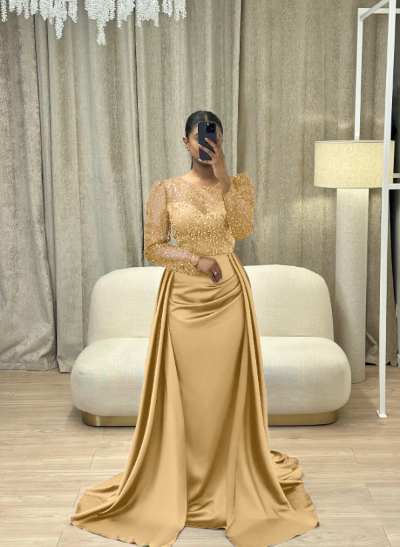Sparkly Long Sleeves Satin Evening Dresses