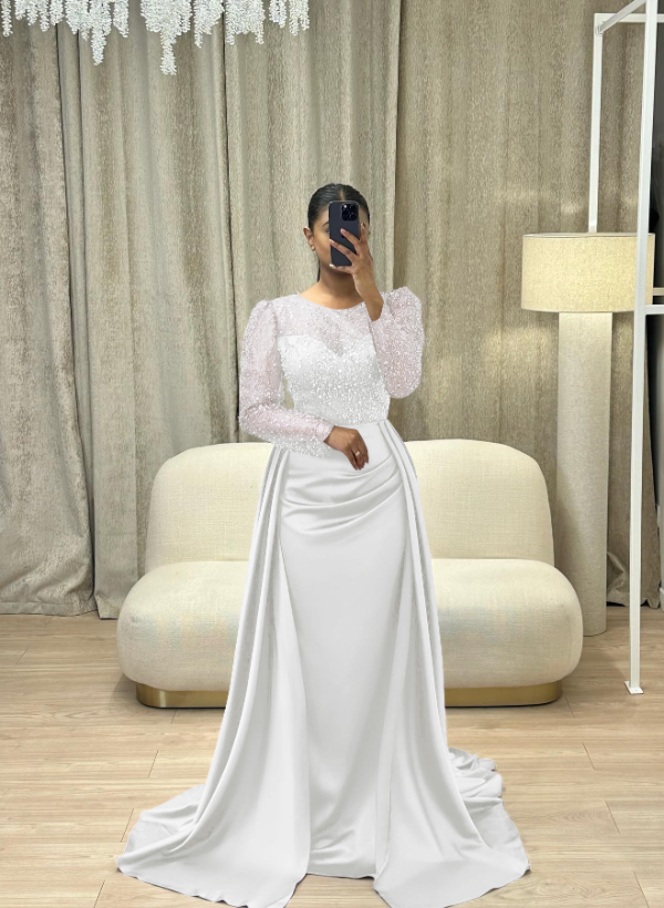 Sparkly Long Sleeves Satin Evening Dresses