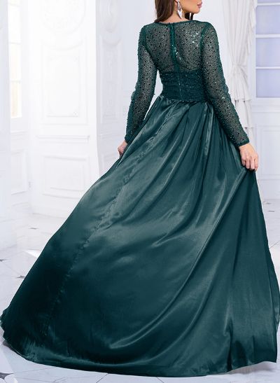 Sparkly Long Sleeves Silk Like Satin Evening Dresses