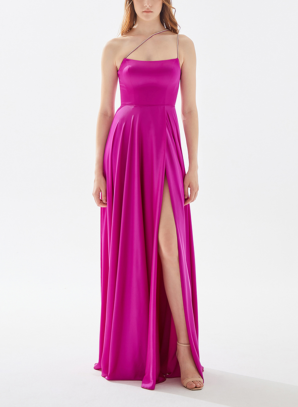 A-Line Square Neckline Sleeveless Satin Evening Dresses With Split Front