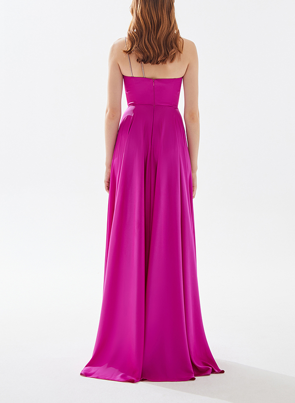 A-Line Square Neckline Sleeveless Satin Evening Dresses With Split Front
