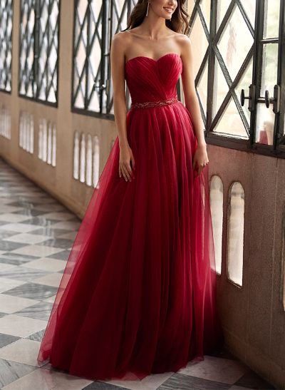 A-Line Sweetheart Sleeveless Floor-Length Tulle Evening Dresses