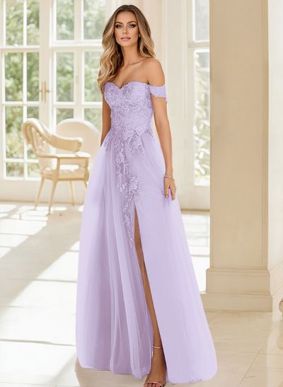 A-Line Off-The-Shoulder Sleeveless Lace/Tulle Bridesmaid Dresses With Split Front