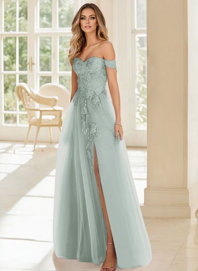 A-Line Off-The-Shoulder Sleeveless Lace/Tulle Bridesmaid Dresses With Split Front