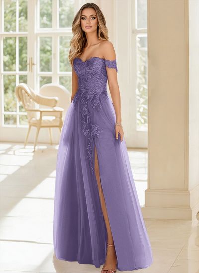 A-Line Off-The-Shoulder Lace/Tulle Evening Dresses With Split Front
