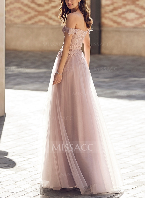 A-Line Off-The-Shoulder Lace/Tulle Evening Dresses With Split Front