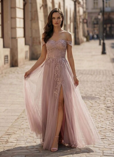 A-Line Off-The-Shoulder Sleeveless Lace/Tulle Bridesmaid Dresses With Split Front