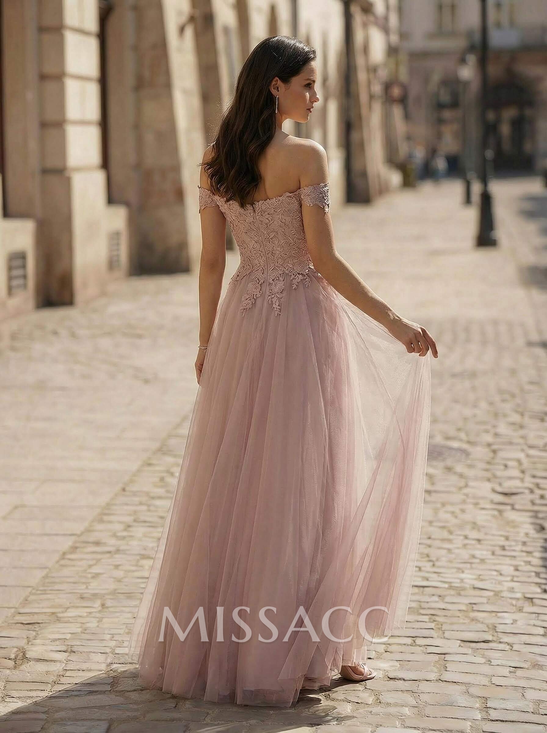 A-Line Off-The-Shoulder Lace/Tulle Evening Dresses With Split Front A-Line Off-The-Shoulder Lace/Tulle Evening Dresses With Split Front