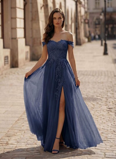 A-Line Off-The-Shoulder Lace/Tulle Evening Dresses With Split Front