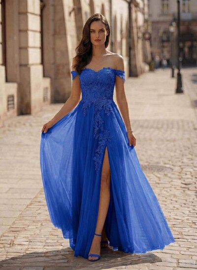 A-Line Off-The-Shoulder Lace/Tulle Evening Dresses With Split Front