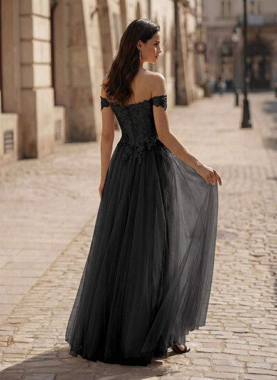 A-Line Off-The-Shoulder Lace/Tulle Evening Dresses With Split Front