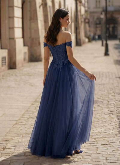 A-Line Off-The-Shoulder Lace/Tulle Evening Dresses With Split Front