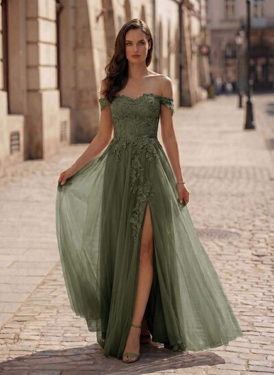 A-Line Off-The-Shoulder Lace/Tulle Evening Dresses With Split Front