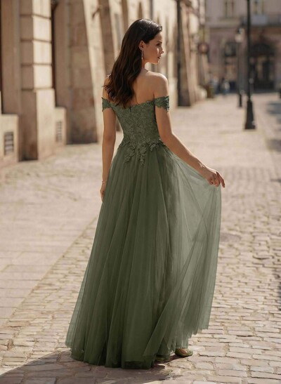 A-Line Off-The-Shoulder Lace/Tulle Evening Dresses With Split Front
