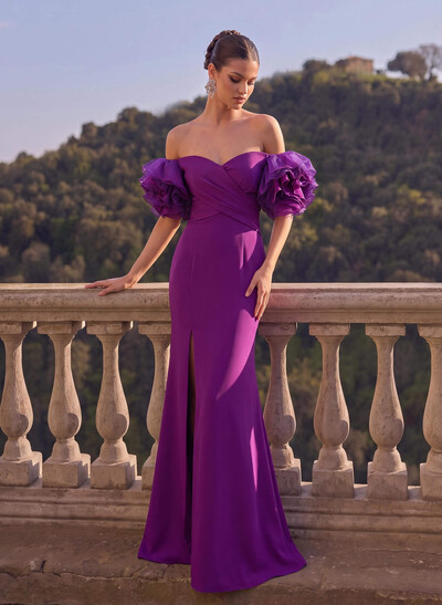Off-The-Shoulder Sleeveless Elastic Satin Evening Dresses With Split Front