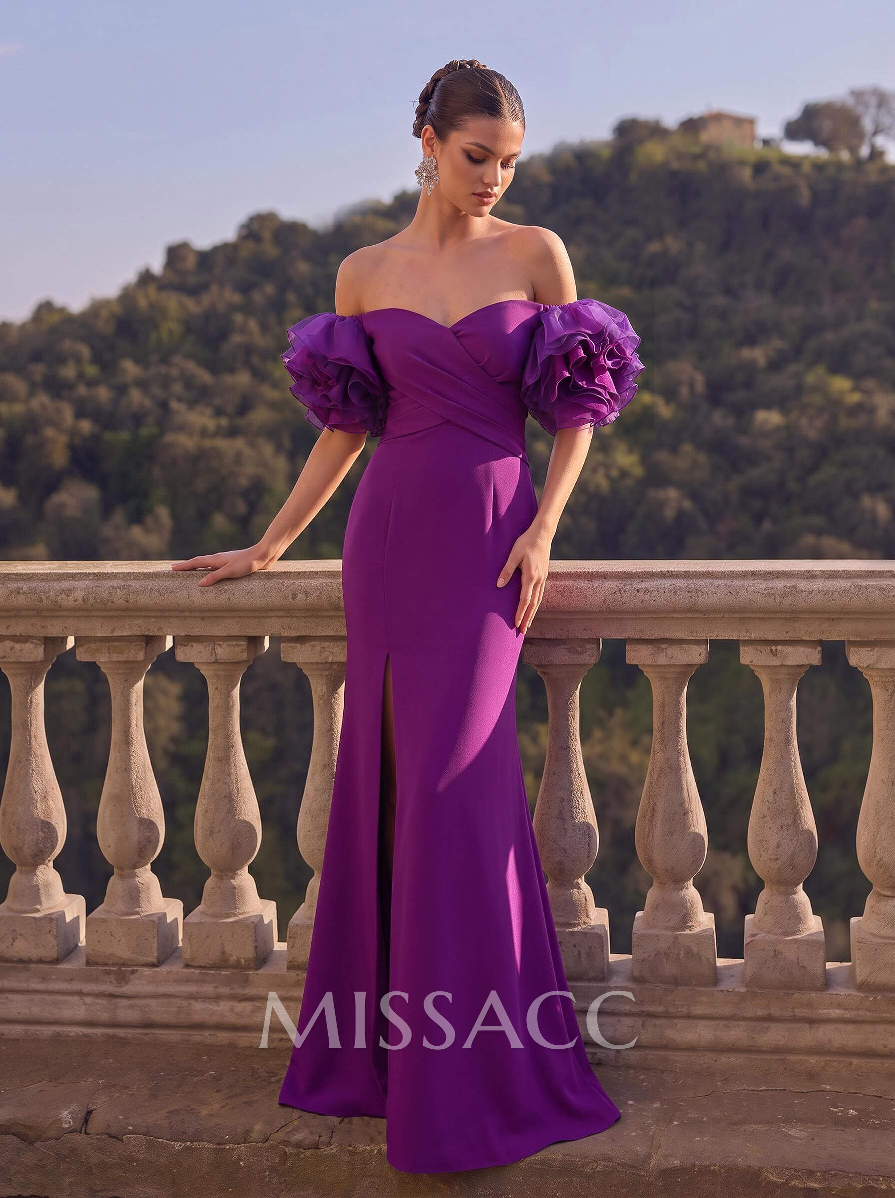 Off-The-Shoulder Sleeveless Elastic Satin Evening Dresses With Split Front
