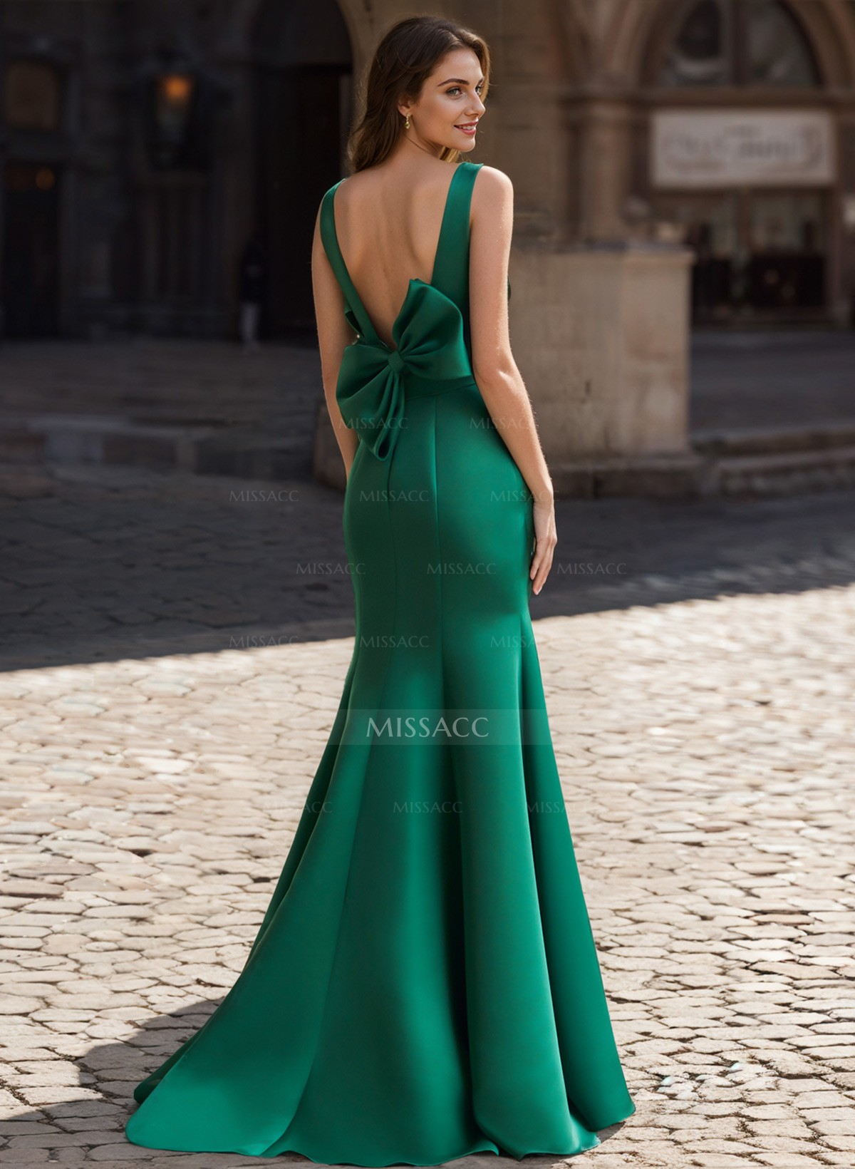 Trumpet/Mermaid Sleeveless Sweep Train Satin Evening Dresses With Bow(s)