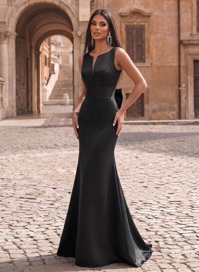 Trumpet/Mermaid Sleeveless Sweep Train Satin Evening Dresses With Bow(s)