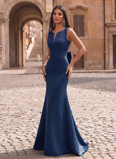 Trumpet/Mermaid Sleeveless Sweep Train Satin Evening Dresses With Bow(s)
