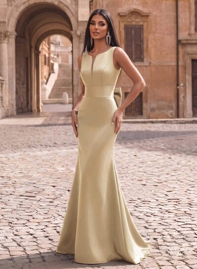 Trumpet/Mermaid Sleeveless Sweep Train Satin Evening Dresses With Bow(s)