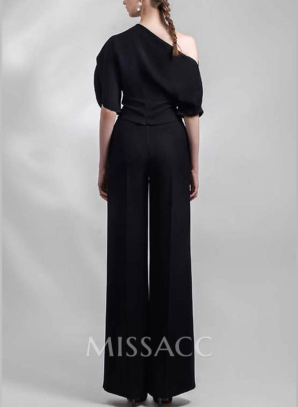 Two Piece Pantsuit Asymmetrical Neck Sleeveless Floor-Length Evening Dresses
