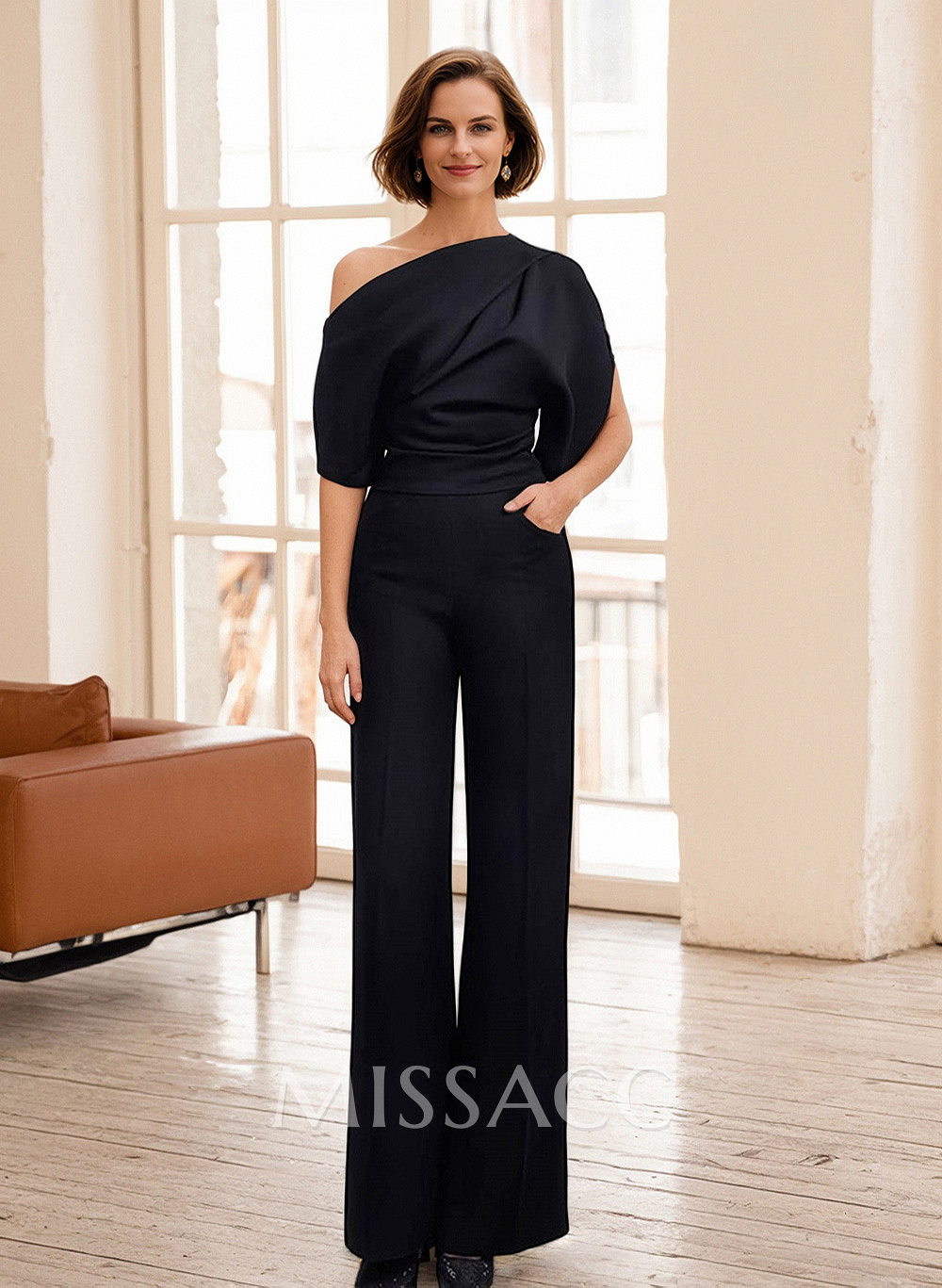 Two Piece Pantsuit Asymmetrical Neck Sleeveless Floor-Length Evening Dresses