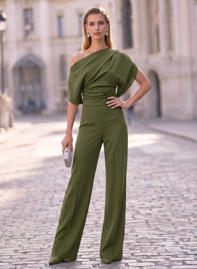 Two Piece Pantsuit Asymmetrical Neck Sleeveless Floor-Length Evening Dresses