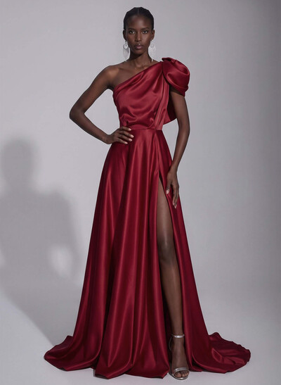 A-Line One-Shoulder Sleeveless Satin Evening Dresses With Split Front
