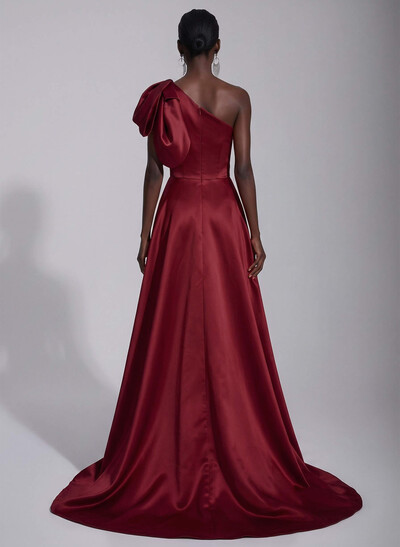 A-Line One-Shoulder Sleeveless Satin Evening Dresses With Split Front