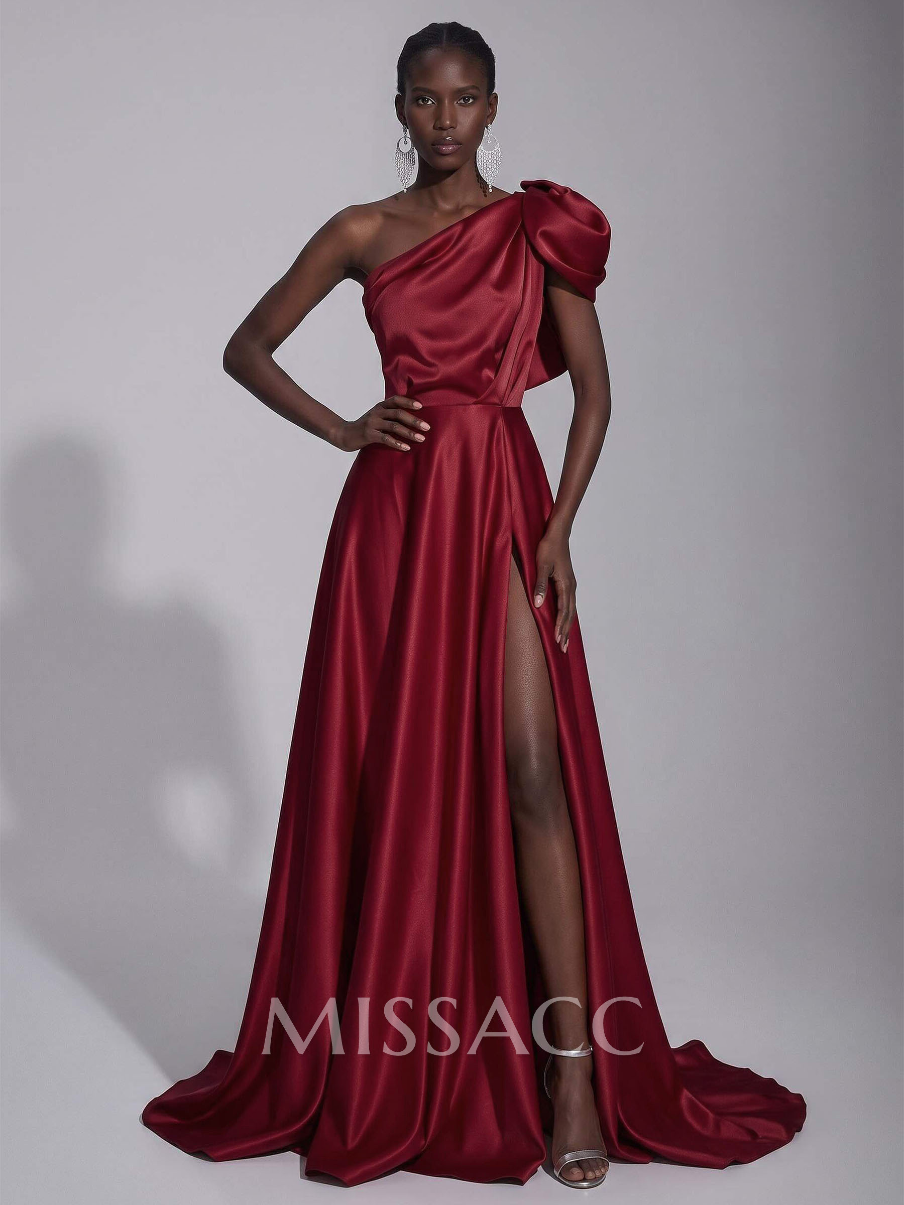 A-Line One-Shoulder Sleeveless Satin Evening Dress With Front Slit