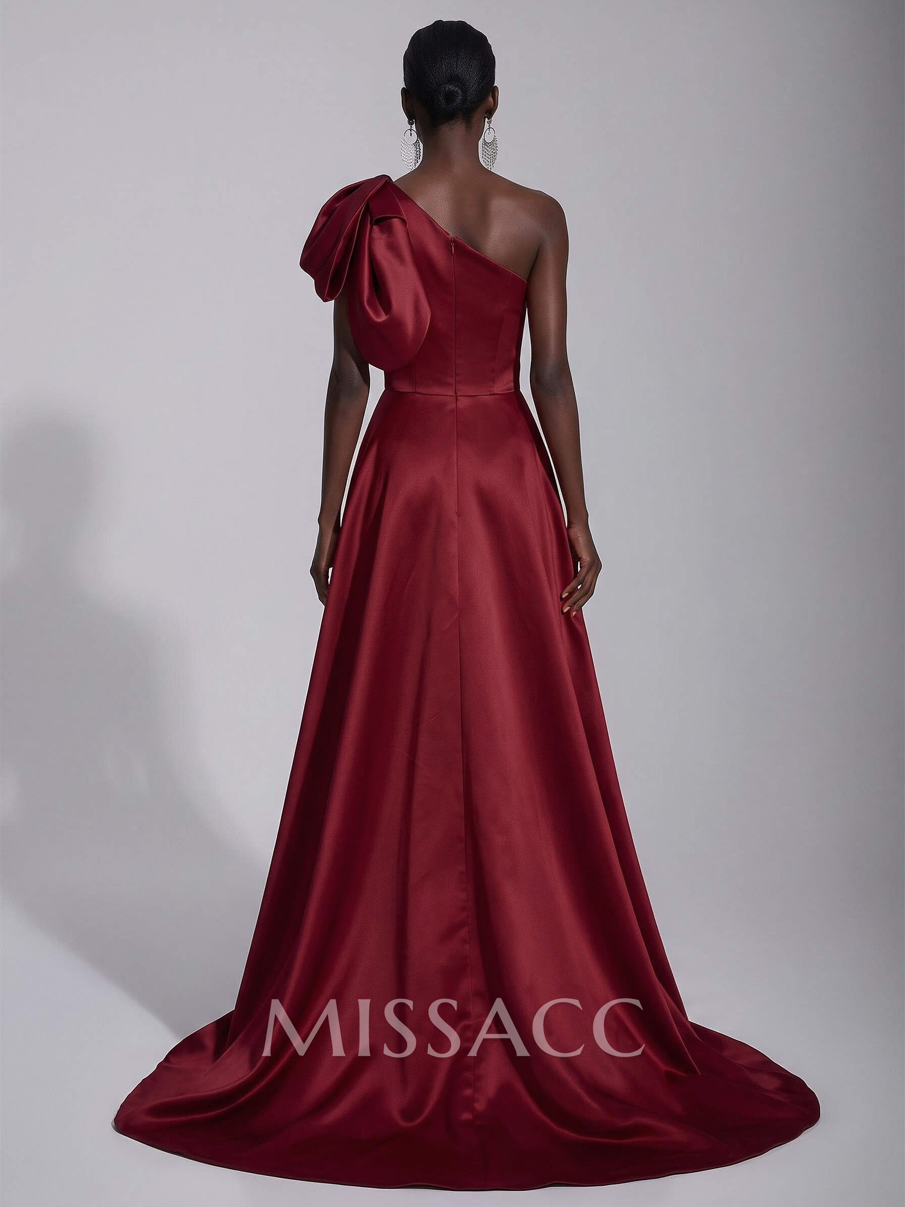 A-Line One-Shoulder Sleeveless Satin Evening Dress With Front Slit