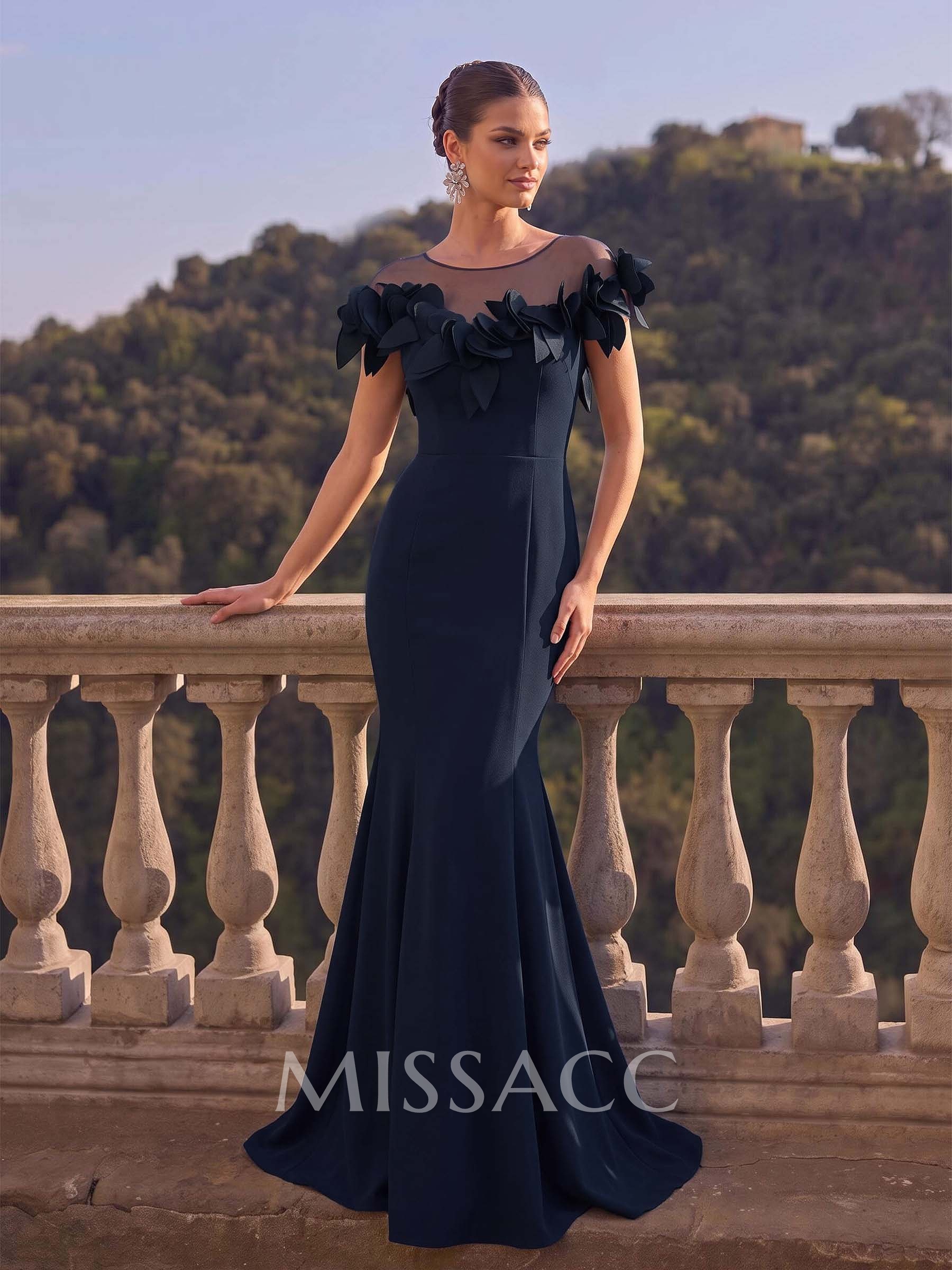 Trumpet/Mermaid Illusion Neck Short Sleeves Elastic Satin Evening Dresses