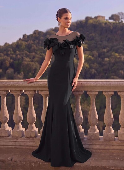 Trumpet/Mermaid Illusion Neck Short Sleeves Elastic Satin Evening Dresses